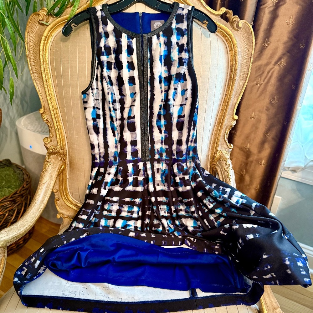 SEXY LINED DRESS W/LEATHER TRIM NECKLINE, POCKETS- SIZE 6 FREE SHIPPING!